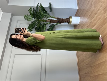 Lotus Yeşil V Yaka Keten Elbise