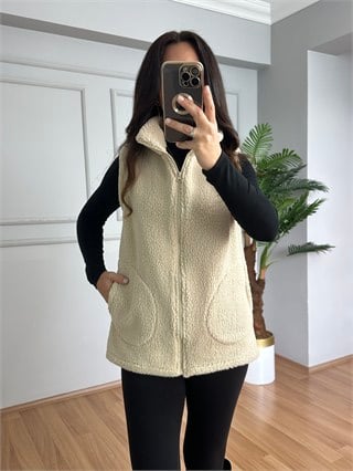 Lucia  Ekru Kuzu Fermuarlı Yelek