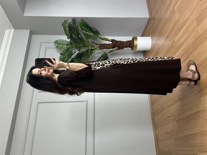 Luisa Kahve Leopar detaylı Penye Modal Elbise