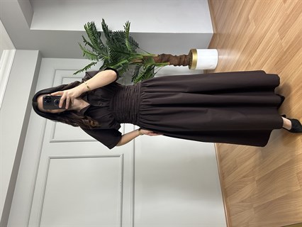 Luna Acı Kahve Bel Detaylı Premium Kalite Maxi Elbise 