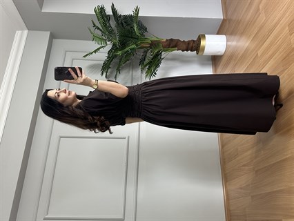 Luna Acı Kahve Bel Detaylı Premium Kalite Maxi Elbise 