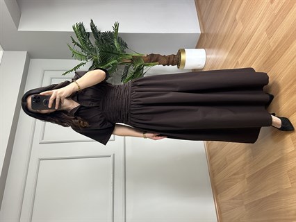 Luna Acı Kahve Bel Detaylı Premium Kalite Maxi Elbise 