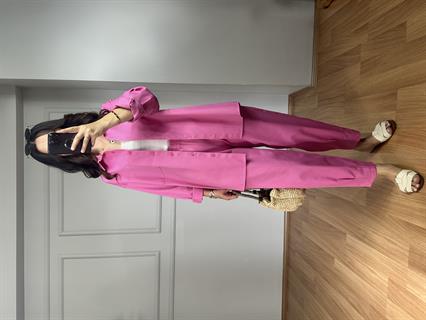 Lusia Pembe Gabardin Kumaş Gömlek Şalvar Pantolon Takım