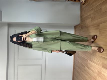 Lusia Yeşil Gabardin Kumaş Gömlek Şalvar Pantolon Takım