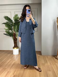 Luya İndigo Sofya Keten Gömlek Elbise Takım