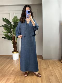 Luya İndigo Sofya Keten Gömlek Elbise Takım