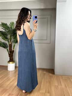 Luya İndigo Sofya Keten Gömlek Elbise Takım