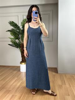 Luya İndigo Sofya Keten Gömlek Elbise Takım