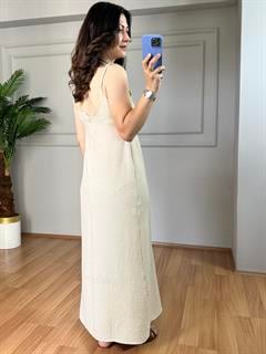 Luya Krem Sofya Keten Gömlek Elbise Takım