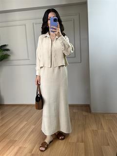 Luya Krem Sofya Keten Gömlek Elbise Takım