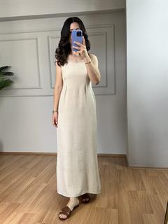 Luya Krem Sofya Keten Gömlek Elbise Takım