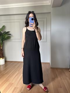 Luya Siyah Sofya Keten Gömlek Elbise Takım