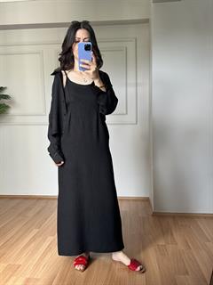 Luya Siyah Sofya Keten Gömlek Elbise Takım