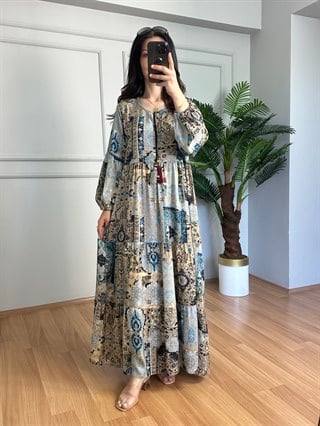 Maya Gri Uzun Kollu Maxi Elbise