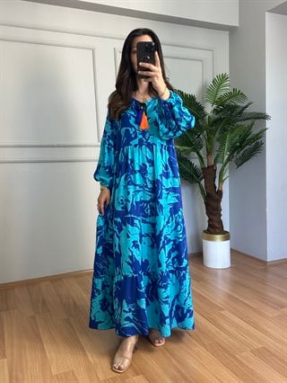 Maya Turkuaz Uzun Kollu Maxi Elbise