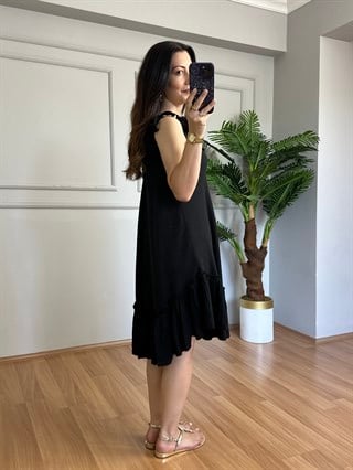Mayla Siyah Pamuk Keten Fırfır Detaylı Elbise 
