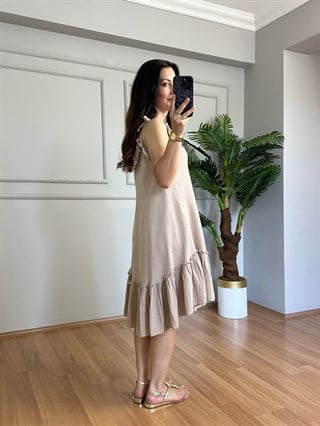 Mayla Taş Pamuk Keten Fırfır Detaylı Elbise