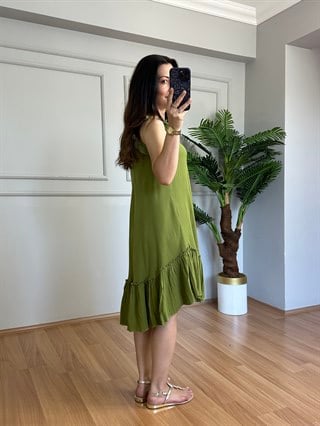 Mayla Yeşil Pamuk Keten Fırfır Detaylı Elbise