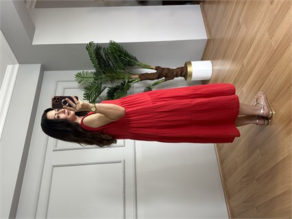 Maysa Kırmızı V Yaka Kolsuz Müslin Elbise