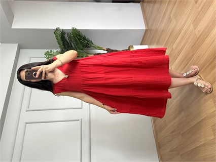 Maysa Kırmızı V Yaka Kolsuz Müslin Elbise