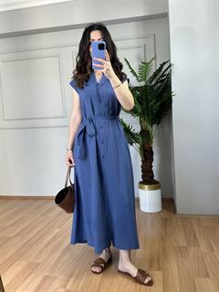 Mery İndigo Orj Marka Tensel Kumaş Kolsuz Elbise