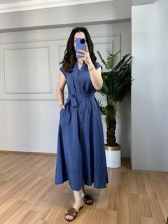 Mery İndigo Orj Marka Tensel Kumaş Kolsuz Elbise
