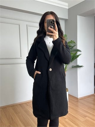Mila Siyah Tek Düğme Kuzu Ceket