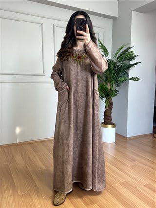 Miralin Kahve Yıkamalı Nakışlı Pamuk Elbise
