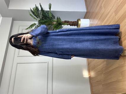 Miralin Mavi Yıkamalı Nakışlı Pamuk Elbise