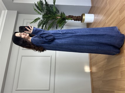 Miralin Mavi Yıkamalı Nakışlı Pamuk Elbise