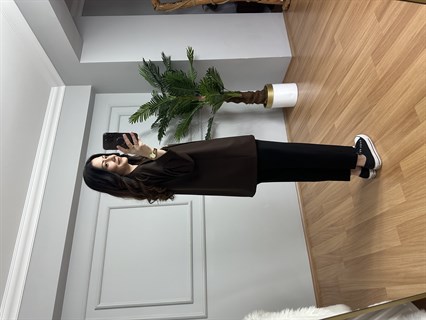 Monica Kahve İthal Krep Kumaş Broşlu Ceket