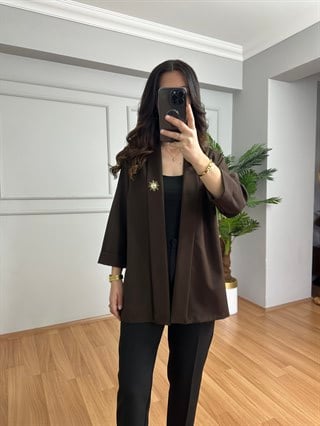 Monica Kahve İthal Krep Kumaş Broşlu Ceket