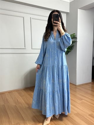 Navy Mavi İşlemeli Viskon Maxi Boy Elbise