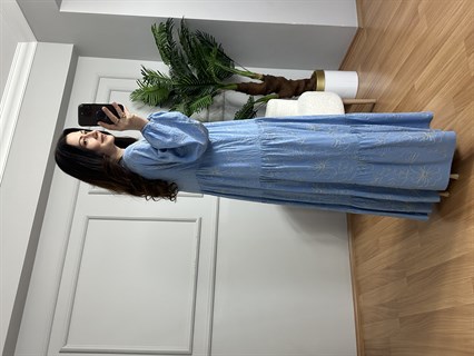 Navy Mavi İşlemeli Viskon Maxi Boy Elbise