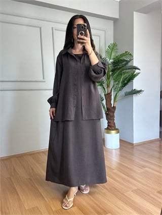 Naya Kahve Tensel Kumaş Gömlekli Elbise