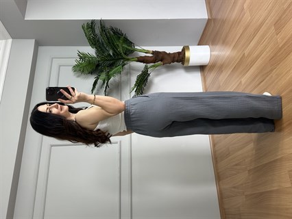 Olivia Gri Müslin Kumaş Pantolon 