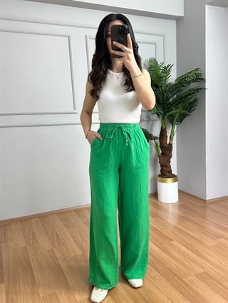 Olivia Yeşil Müslin Kumaş Pantolon