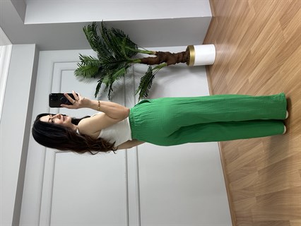 Olivia Yeşil Müslin Kumaş Pantolon