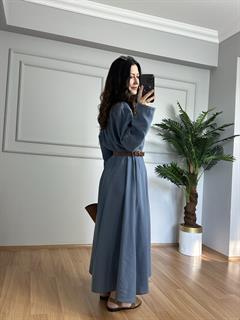 Onica İndigo Tensel Modal Kumaş Kemerli Gömlek Elbise