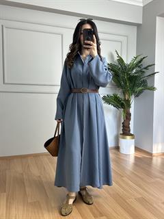 Onica İndigo Tensel Modal Kumaş Kemerli Gömlek Elbise