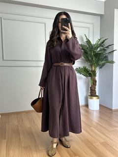 Onica Mürdüm Tensel Modal Kumaş Kemerli Gömlek Elbise