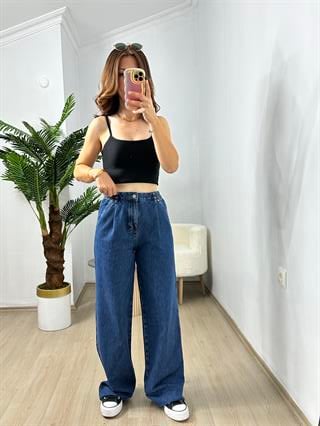 Orjinal Marka Beli Lastik Detaylı Geniş Paça Jean