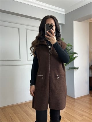 Penha Kahve Angora Fermuarlı Yelek