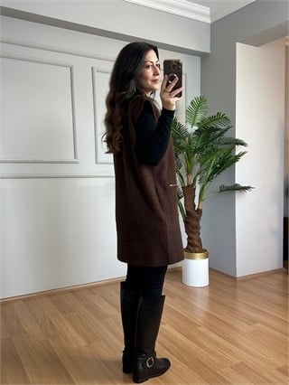 Penha Kahve Angora Fermuarlı Yelek