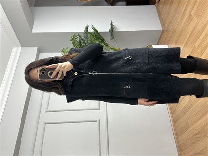 Penha Siyah Angora Fermuarlı Yelek