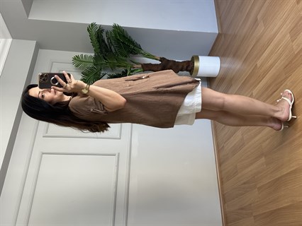 Rella Kahve Boncuk Detaylı Keten Bluz 