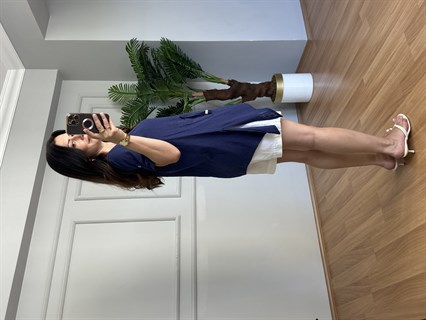 Rella Lacivert Boncuk Detaylı Keten Bluz