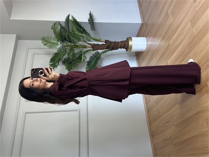 Renna Bordo Bel Bağlamalı Gömlek Pantolon Takım 