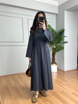 Rinda Lacivert İnce Kot Kuşaklı Elbise 