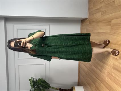 Rio Yeşil-Siyah Tahta Diğme Detaylı Pamuk Viskon Elbise